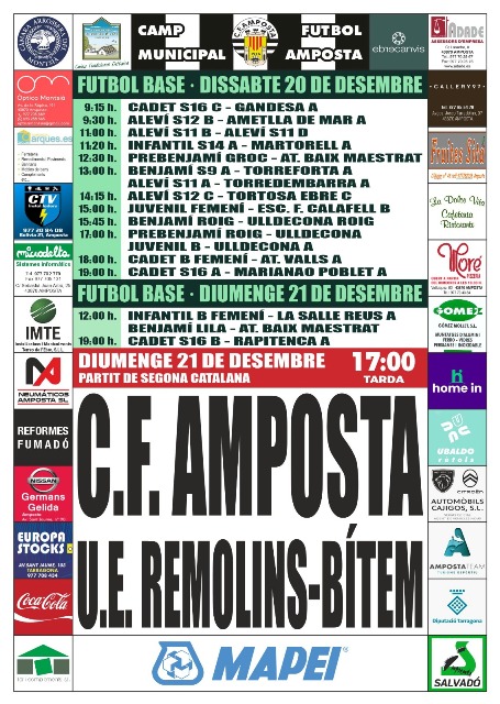 Jornada 13 SEGONA CATALANA GRUP 6. Diumenge 21 de desembre 17:00 hores: CF AMPOSTA - UE REMOLINS-B�TEM